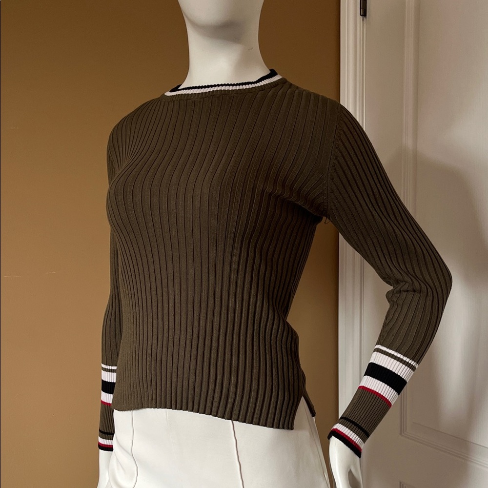 Suzy Shier Olive Ribbed Crewneck Sweater with Stripe Cuffs